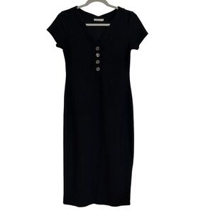 Heart Hips Womens Black‎ Ribbed Bodycon Midi Dress Casual Button Down L